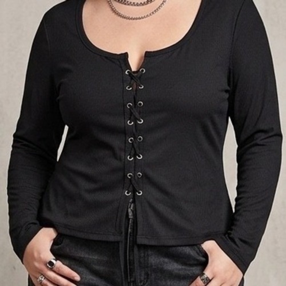 Y2K Lace Up Top Womens Black XL Ribbed Long Sleeve 90s Grunge Style